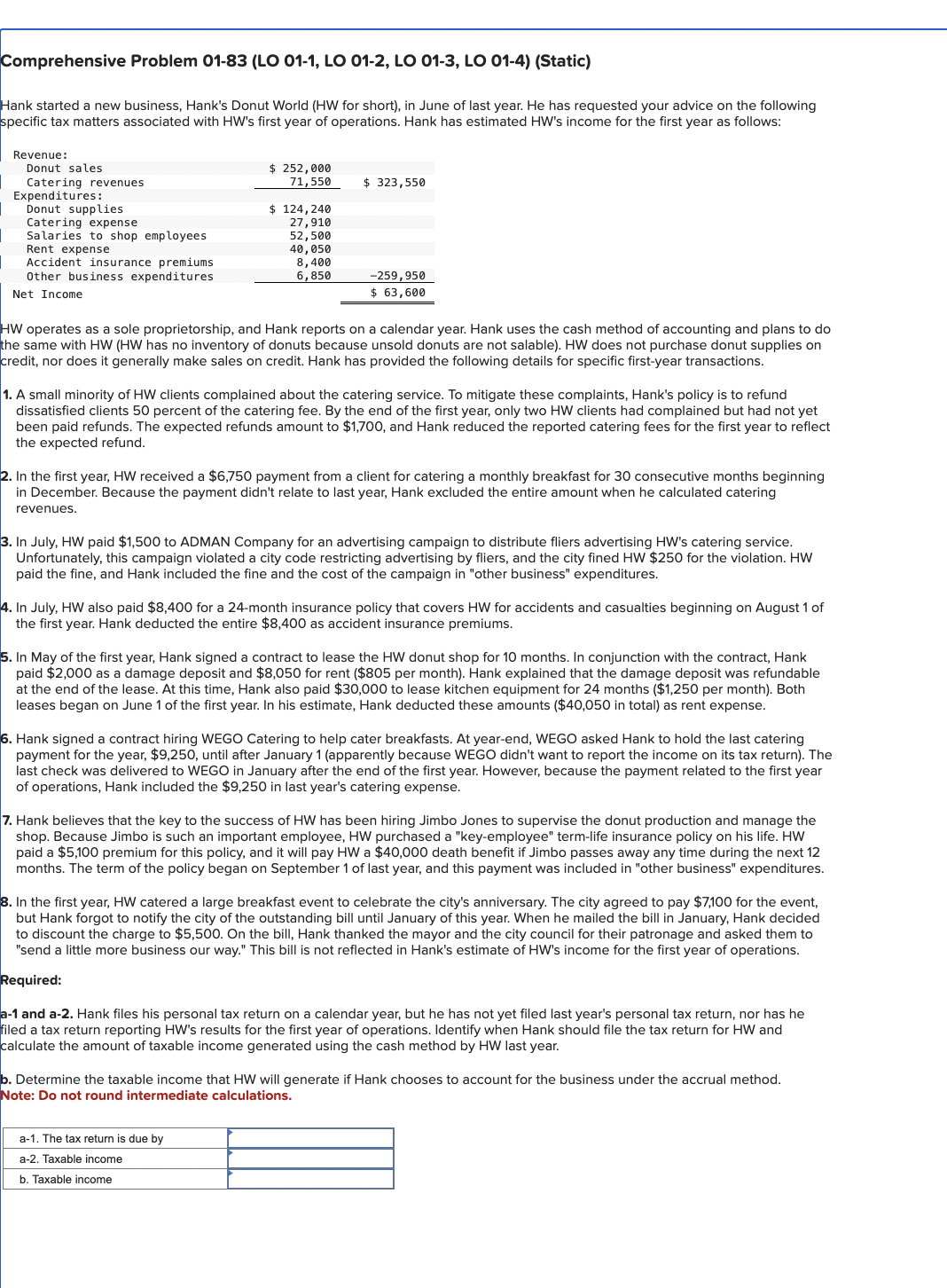  Comprehensive Problem 01-83(LO 01-1, LO 01-2, LO 01-3, LO 01-4)(Static) Hank