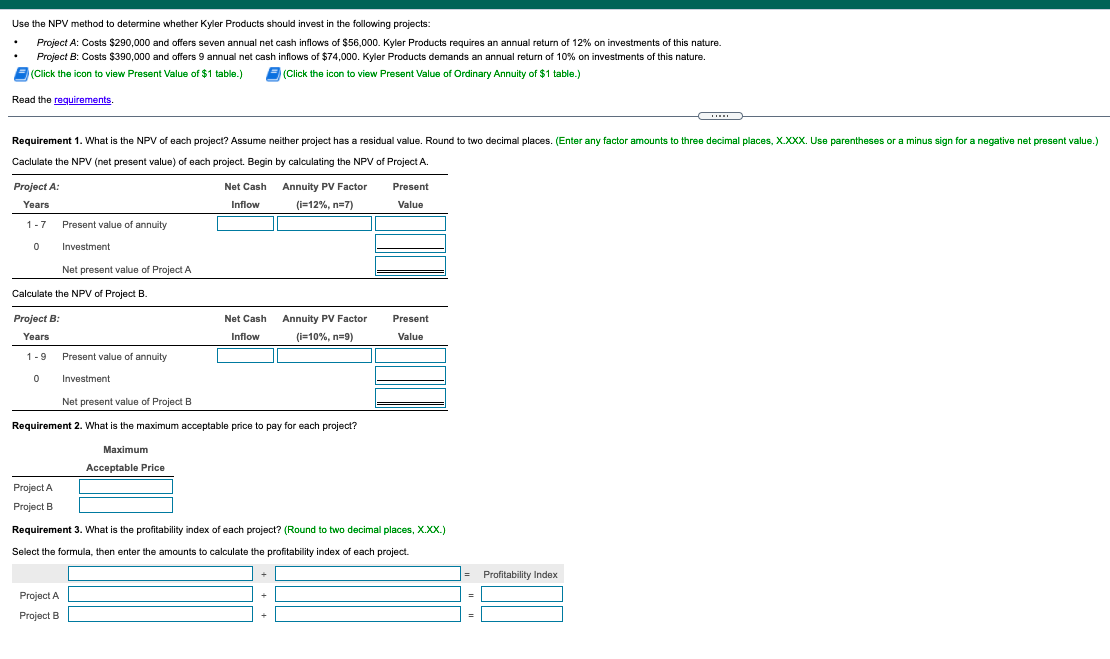 Use the NPV method to determine whether Kyler Products should invest