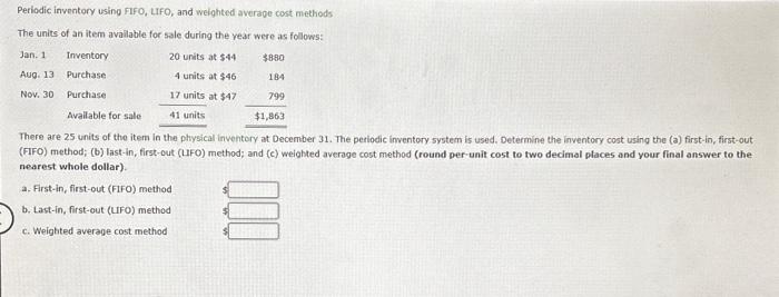  Periodic inventory using FIFO, LIFO, and weighted average cost methods The