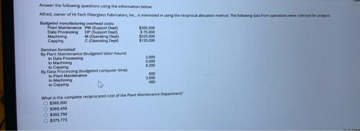  Answer the following questions using the information below: Alfred, owner of
