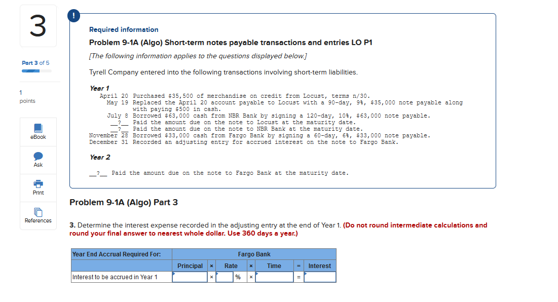  3 Required information Problem 9-1A (Algo) Short-term notes payable transactions and
