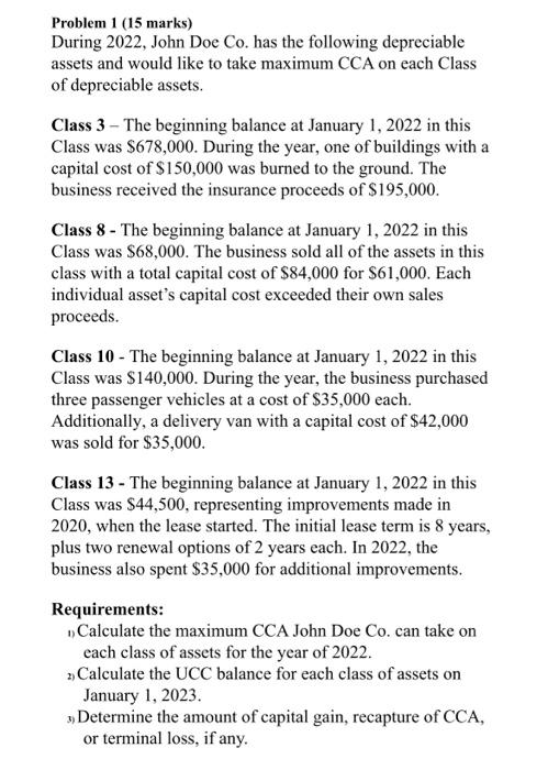  Problem 1 (15 marks) During 2022, John Doe Co. has the