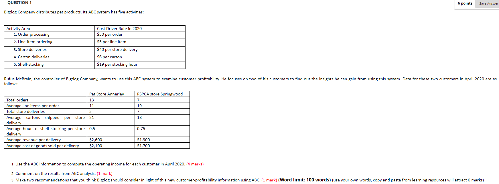 Please show all working QUESTION 1 6 points Save Answer Bigdog Company
