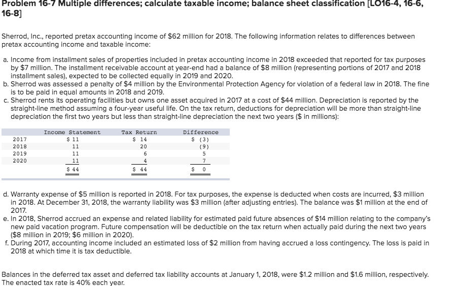  Problem 16-7 Multiple differences; calculate taxable income; balance sheet classification L016-4,