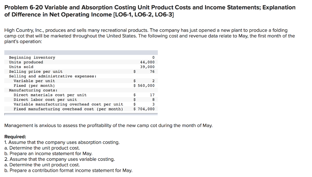Problem 6-20 Variable and Absorption Costing Unit Product Costs and Income
