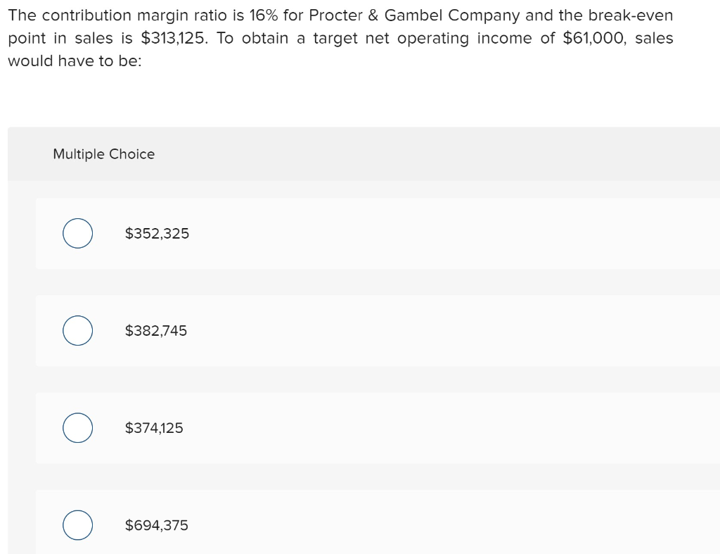  The contribution margin ratio is 16% for Procter & Gambel Company