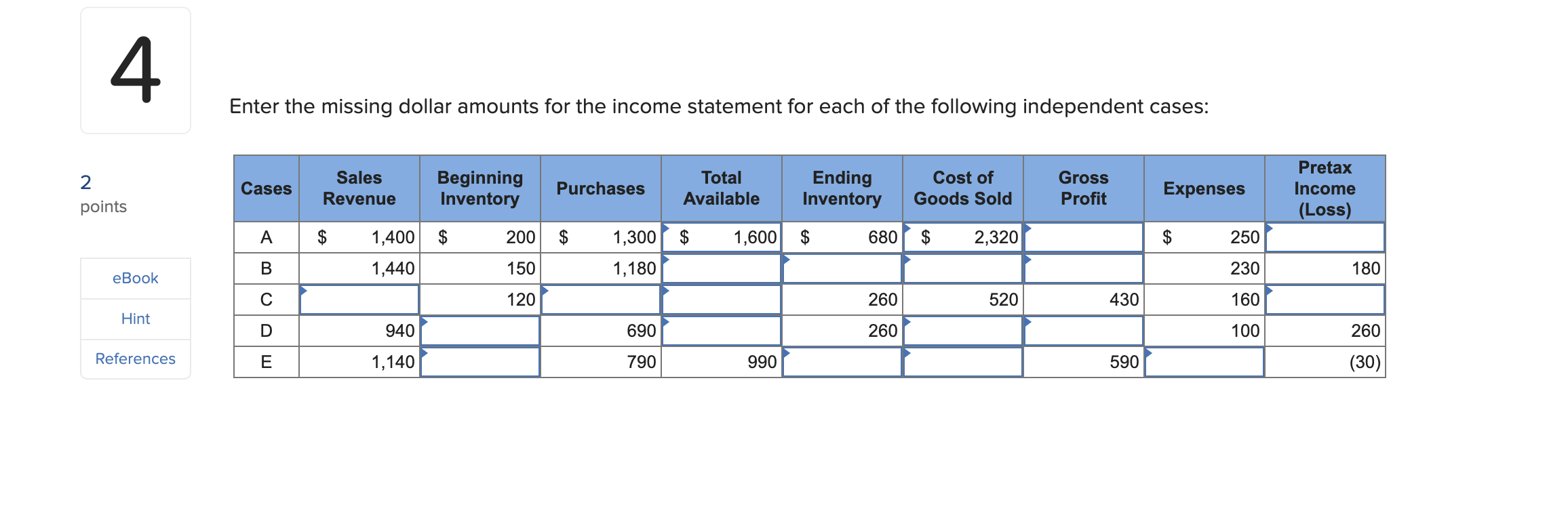  4 Enter the missing dollar amounts for the income statement for