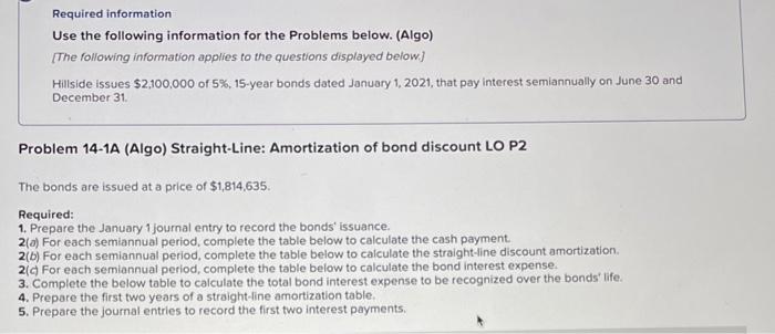  Required information Use the following information for the Problems below. (Algo)