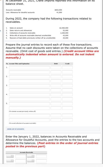  Problem 8-02A At December 31, 2021, Crane Imports reported this information