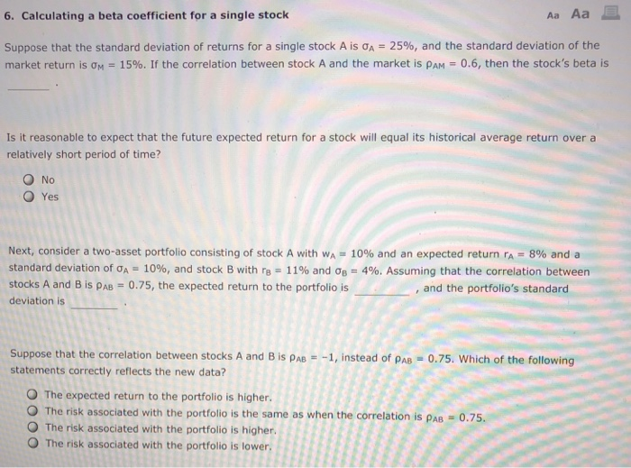  6. Calculating a beta coefficient for a single stock Aa Aa
