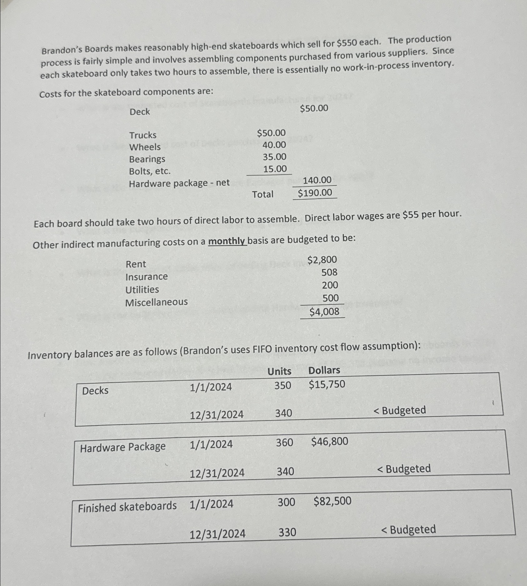  During 2024(the entire year) Brandon's Boards expects to sell 600 skateboards.