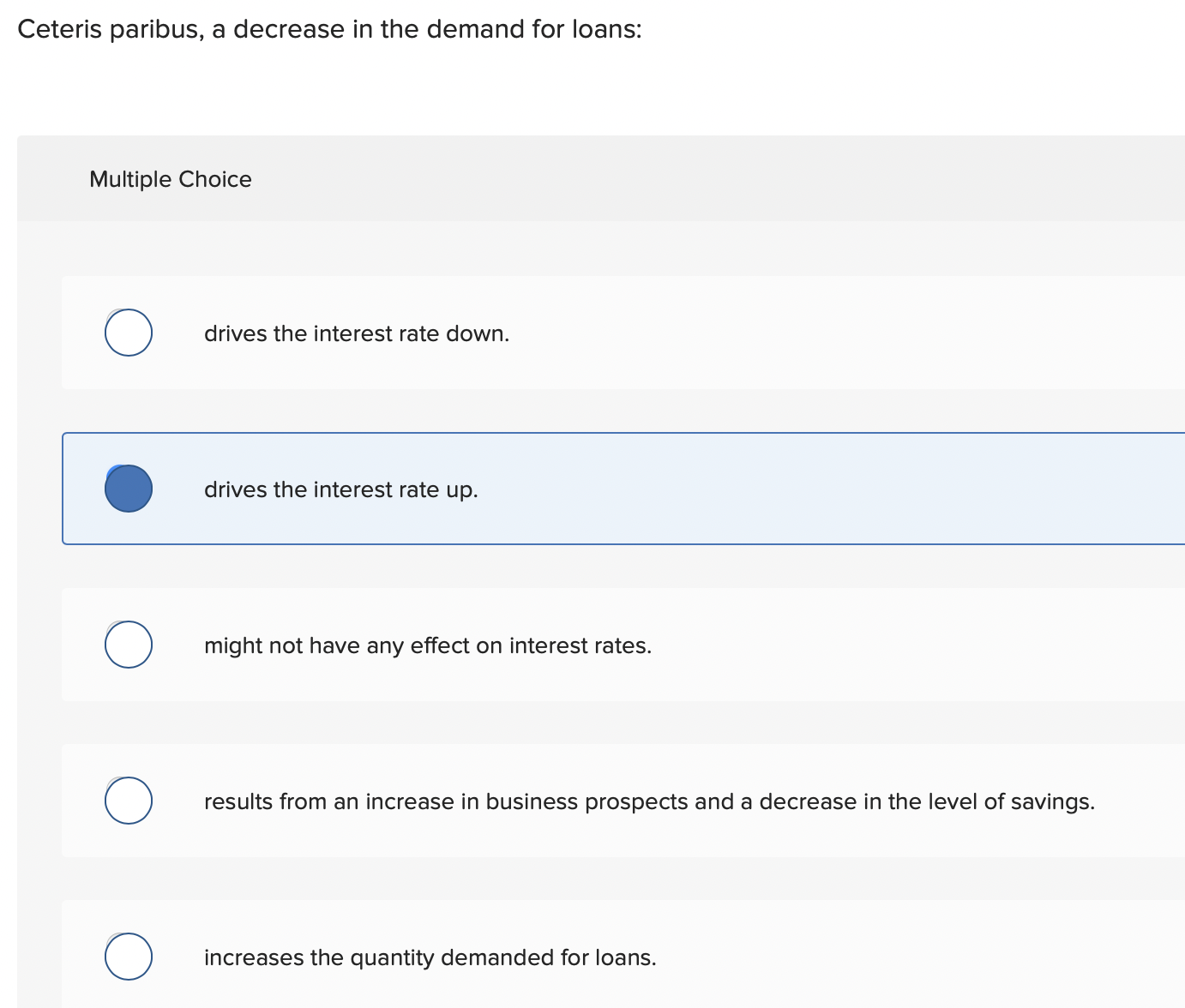  Ceteris paribus, a decrease in the demand for loans: Multiple Choice