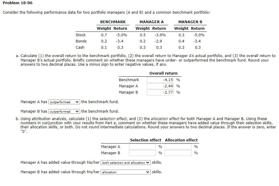  Problem 18-06 Consider the following performance data for two portfolio managers