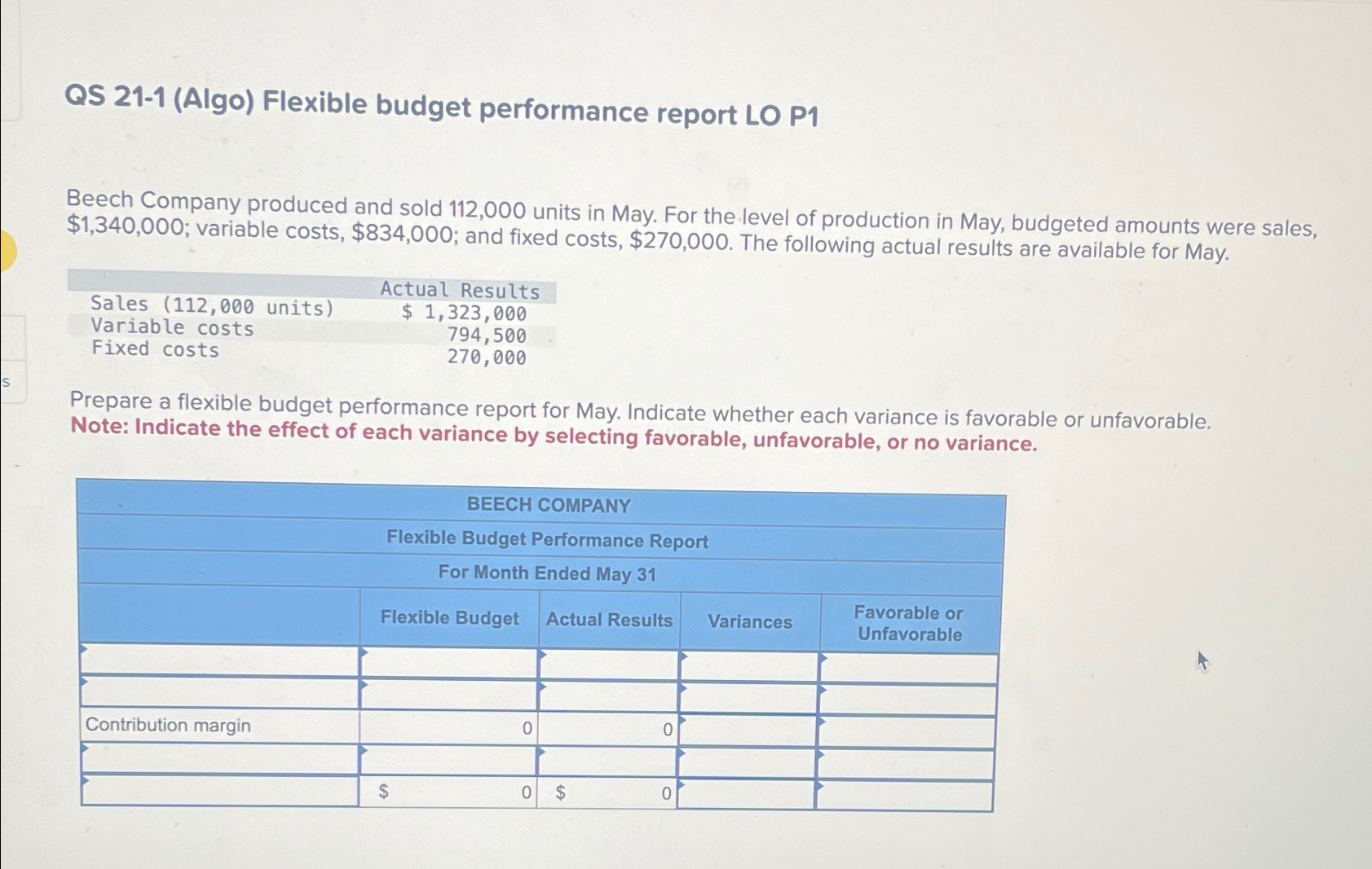 QS 21-1(Algo) Flexible budget performance report LO P1 Beech Company produced