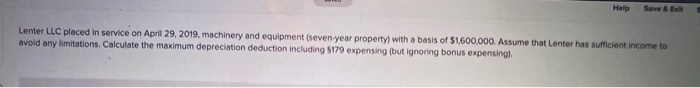  Help Save & Ei Lenter LLC placed in service on April