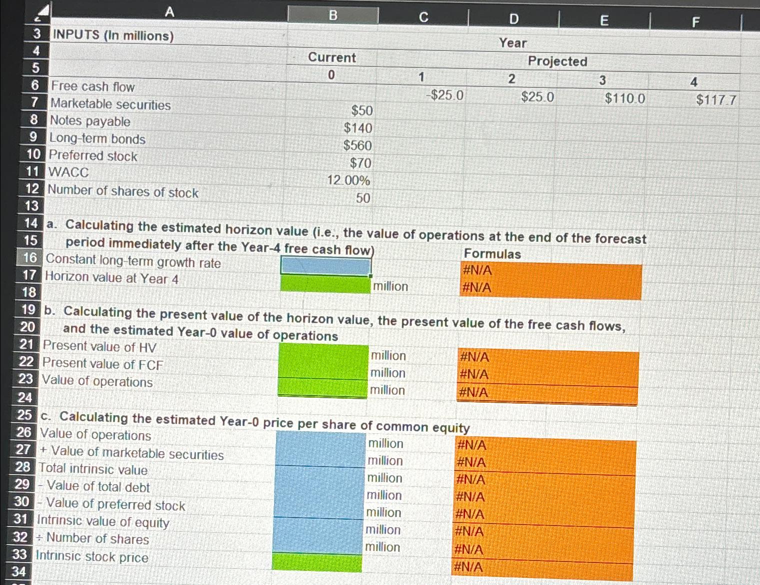  Excel Activity: Free Cash Flow Valuation Model Start with the partial