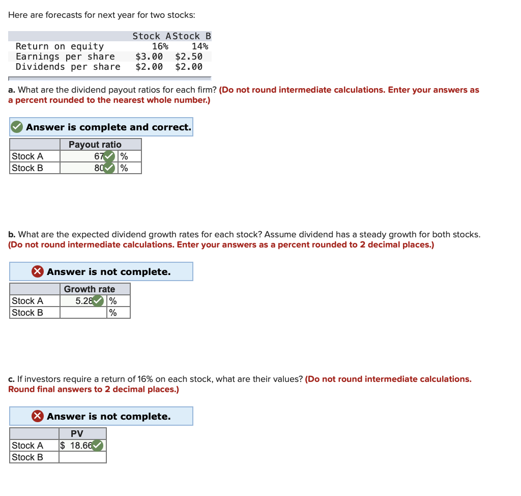  Here are forecasts for next year for two stocks: a. What