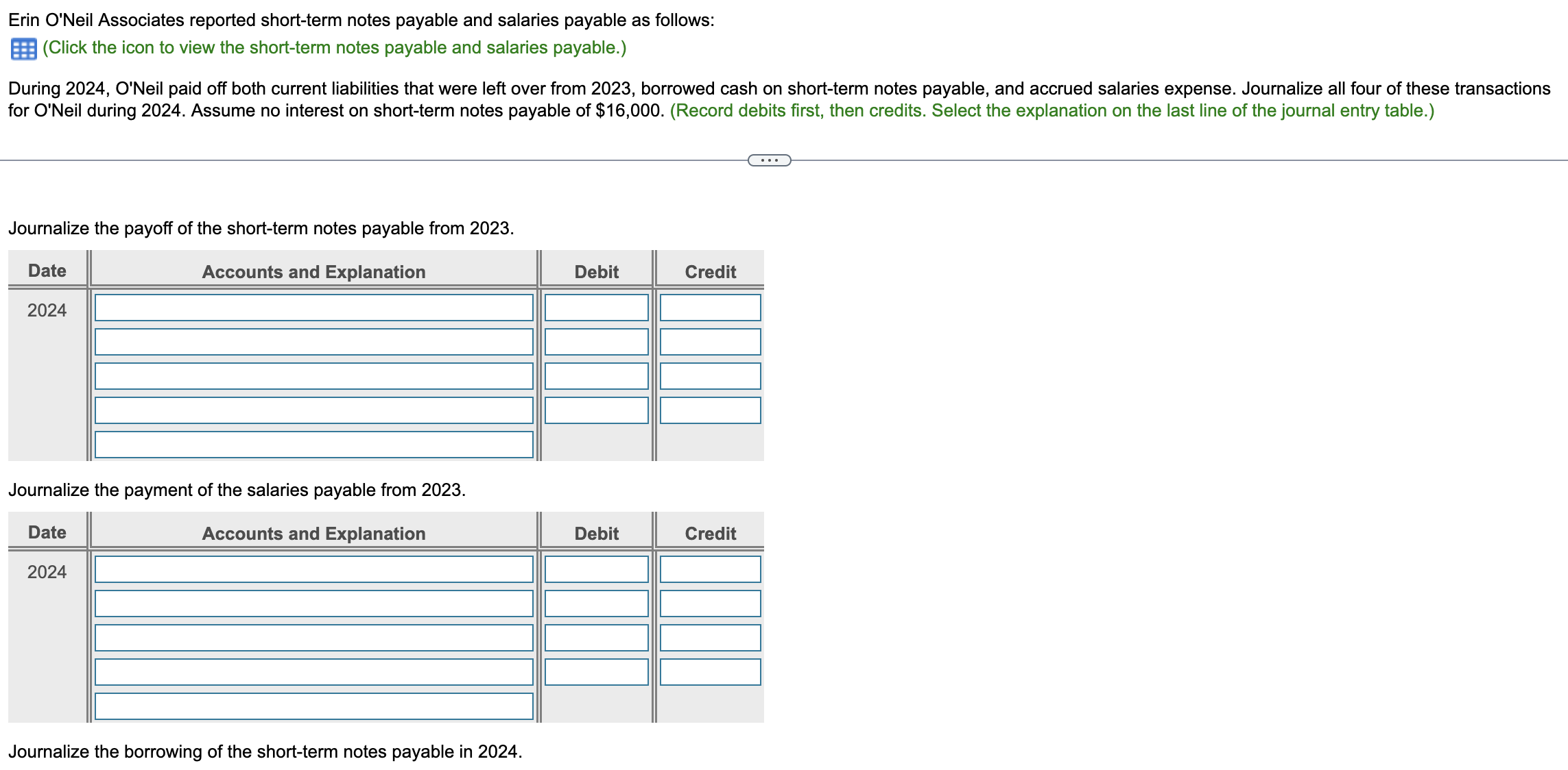 Erin O'Neil Associates reported short-term notes payable and salaries payable as