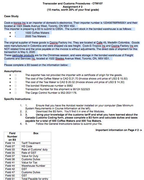  Transcoder and Customs Procedures - CTM107 Assignment 2 (15 marks, worth
