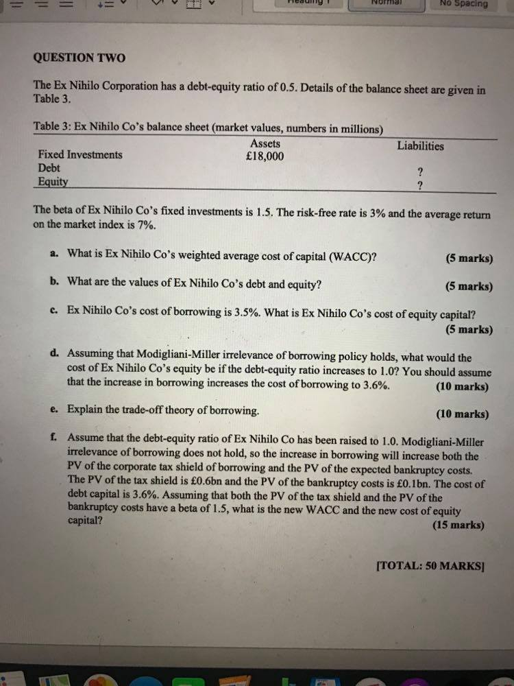  og NU Spoliny QUESTION TWO The Ex Nihilo Corporation has a