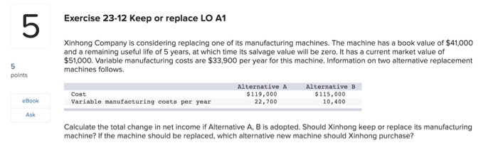  Exercise 23-12 Keep or replace LO A1 Xinhong Company is considering