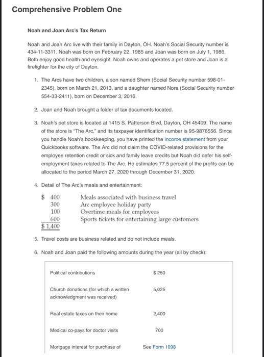 hb Comprehensive Problem One Noah and Joan Arc's Tax Return Noah and