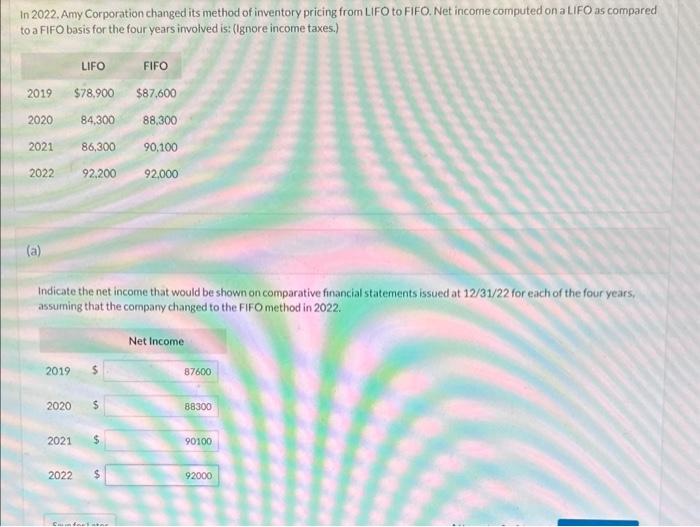 PLEASE HELP ASAP In 2022. Amy Corporation changed its method of inventory