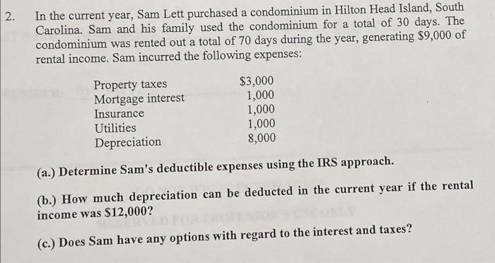  2. In the current year, Sam Lett purchased a condominium in