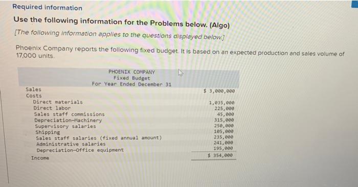  Required information Use the following information for the Problems below. (Algo)