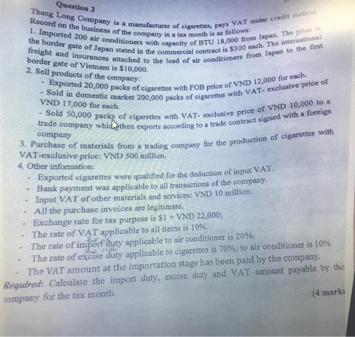 Pls help me solve this question . Question 2 Thang Long Company