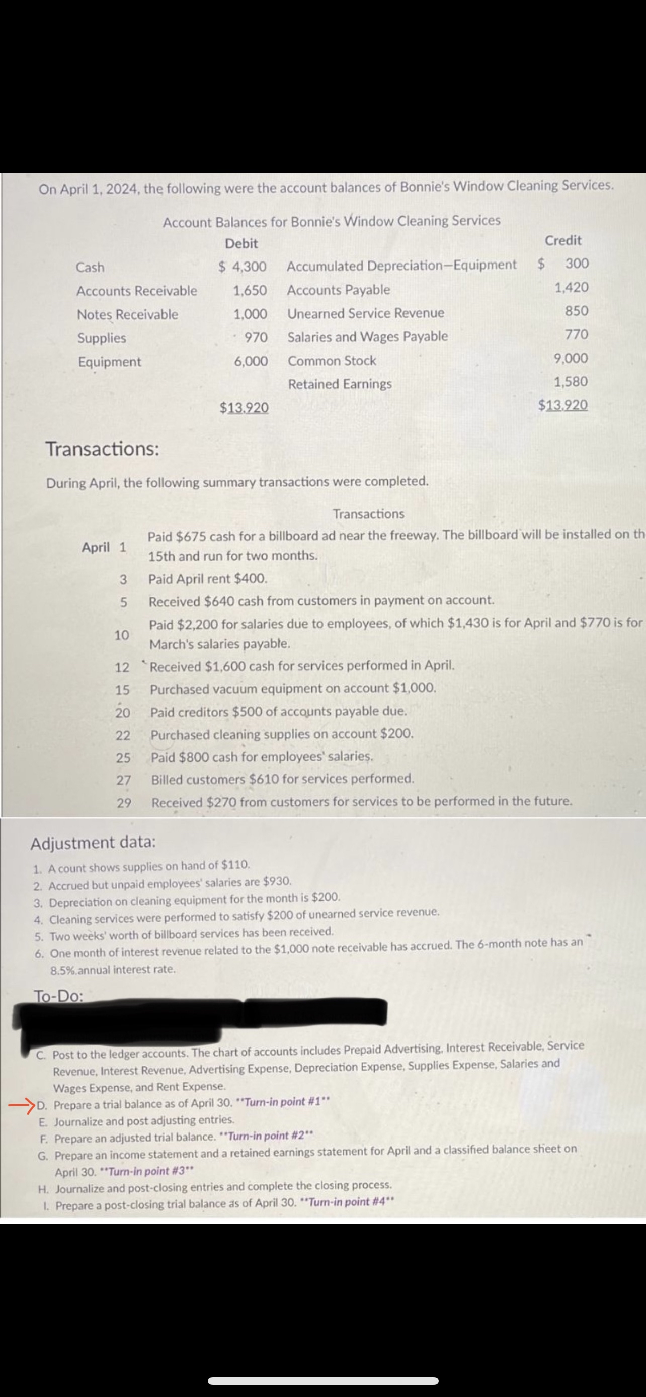  On April 1,2024, the following were the account balances of Bonnie's