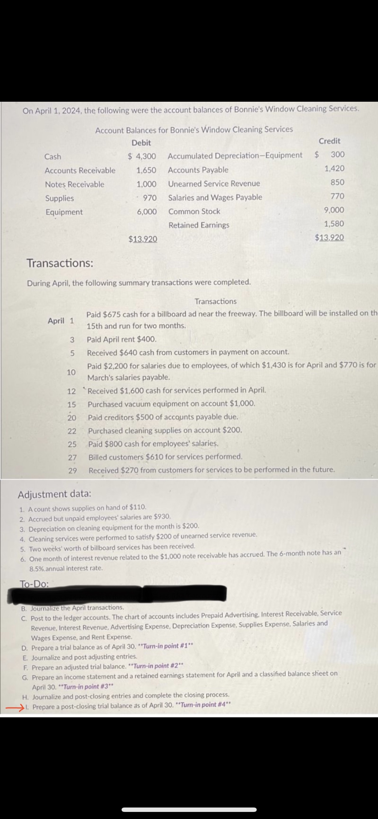  On April 1,2024, the following were the account balances of Bonnie's