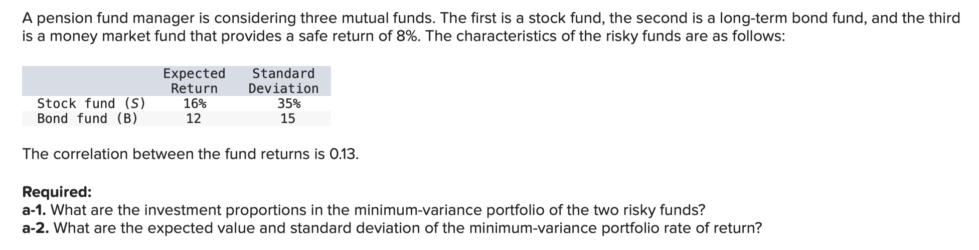  A pension fund manager is considering three mutual funds. The first