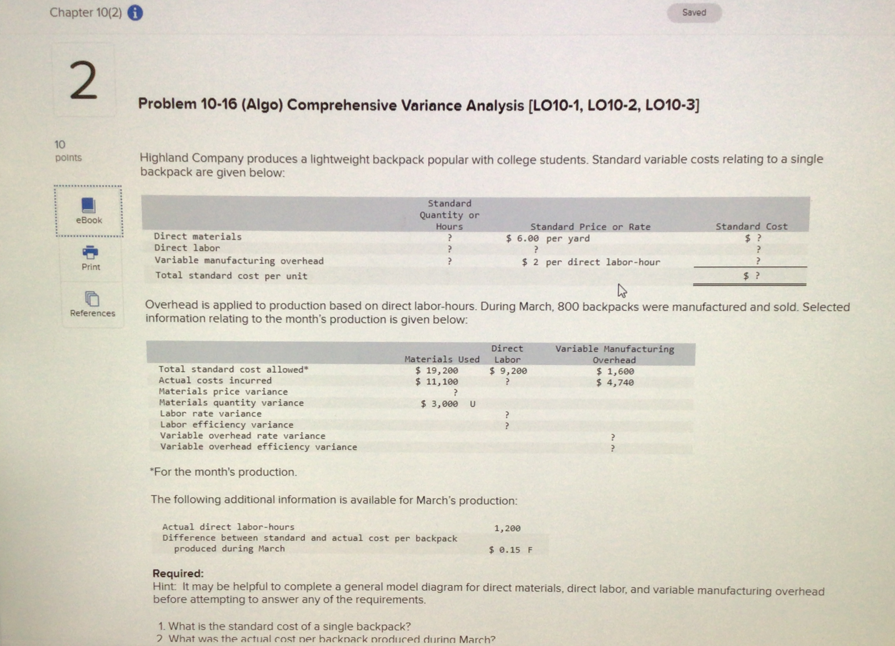  Chapter 10(2) i Saved Problem 10-16(Algo) Comprehensive Variance Analysis [LO10-1, L010-2,