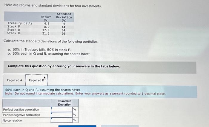 deviations for four investments. Calculate the standard deviations of the following portfolios.