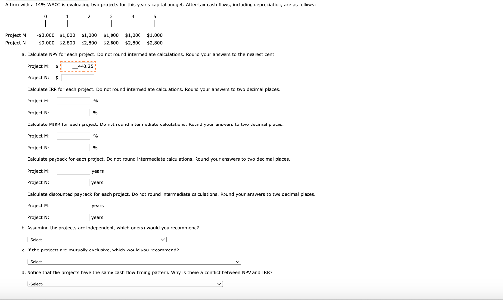  A firm with a 14% WACC is evaluating two projects for