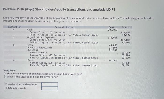 Please help! Problem 11-1A (Algo) Stockholders' equity transactions and analysis LO P1