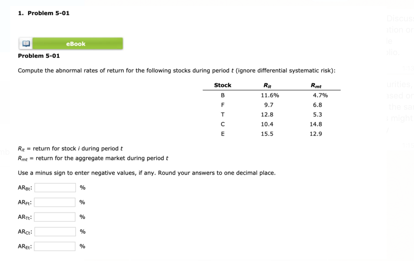 1. Problem 5-01 Discus eBook Problem 5-01 Compute the abnormal rates