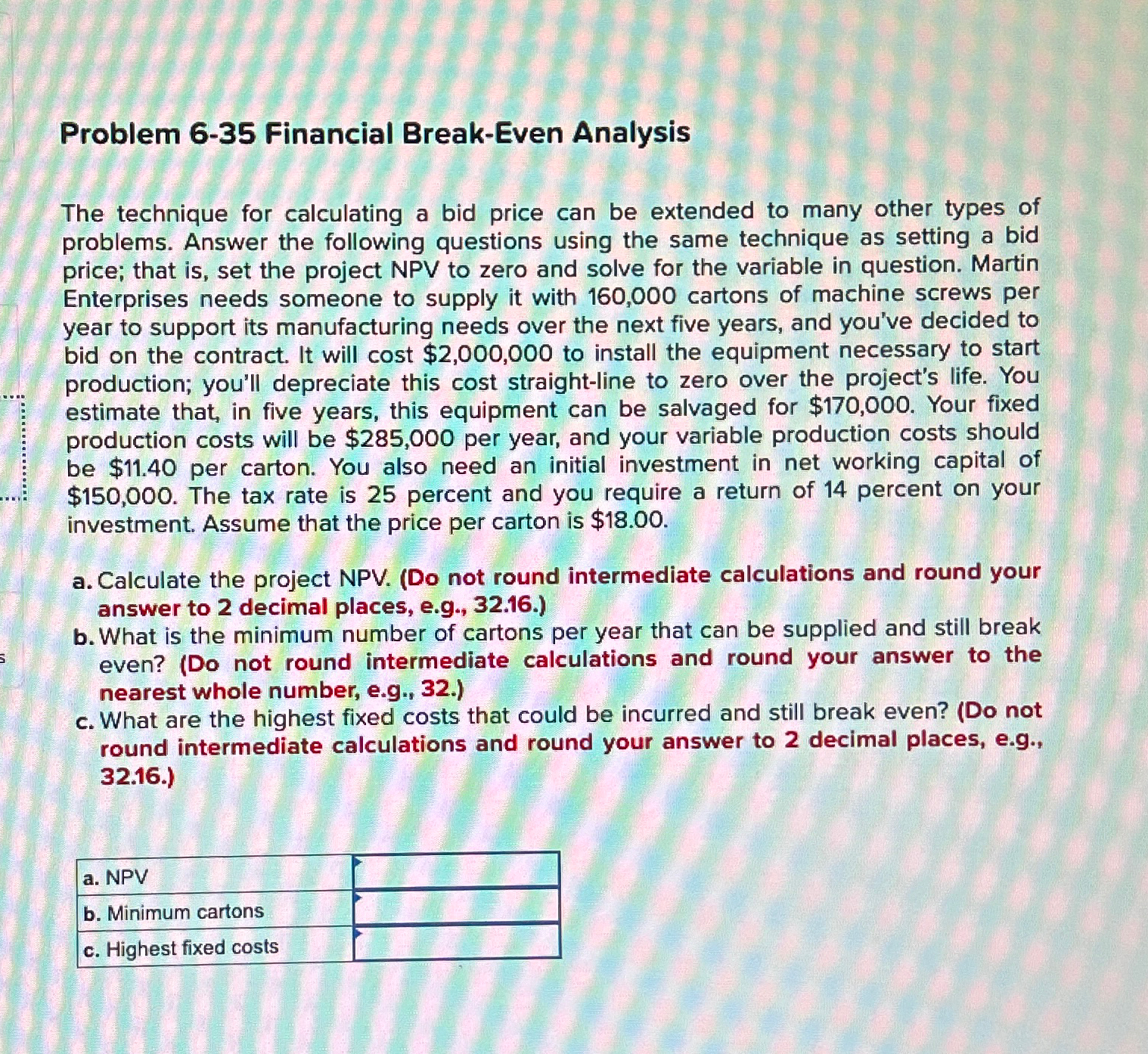  Problem 6-35 Financial Break-Even Analysis The technique for calculating a bid