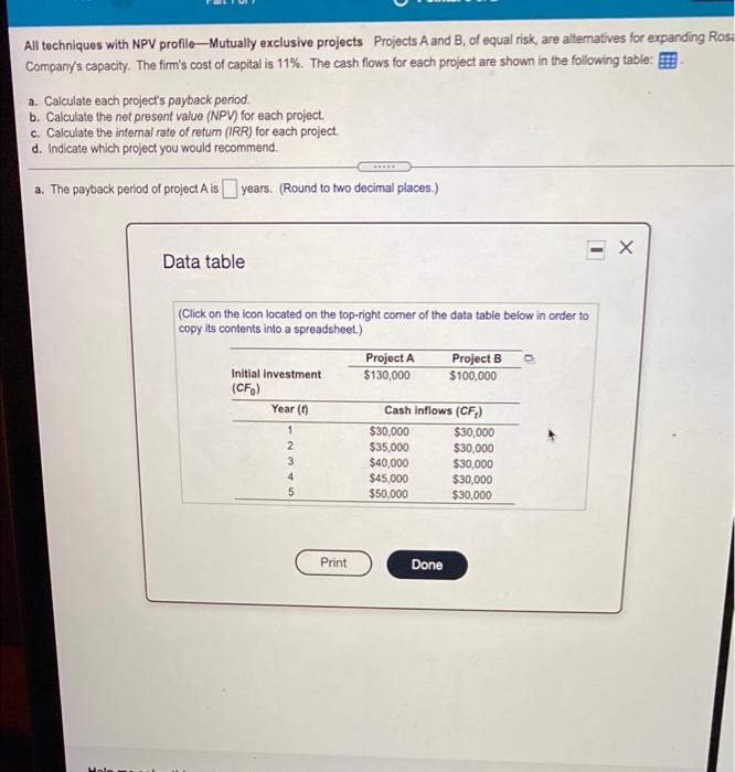  All techniques with NPV profileMutually exclusive projects Projects A and B,