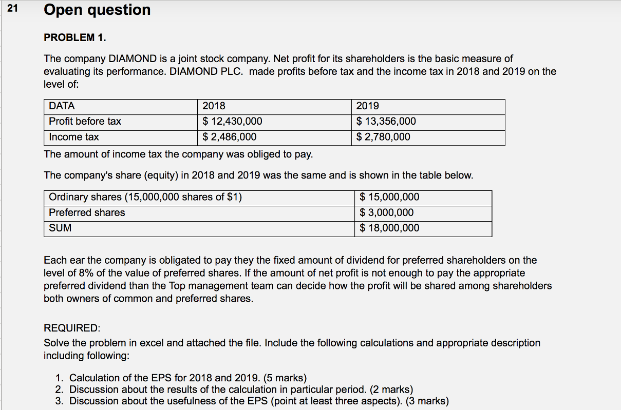  21 Open question PROBLEM 1. The company DIAMOND is a joint
