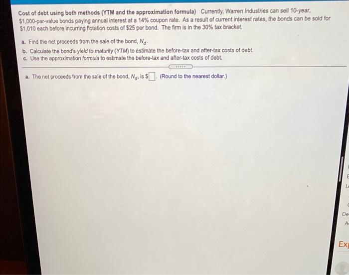  Cost of debt using both methods (YTM and the approximation formula)