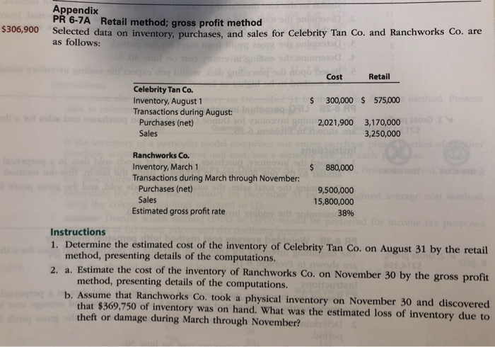  Appendix PR 6-7A Retail method; gross profit method $306,900 elected data