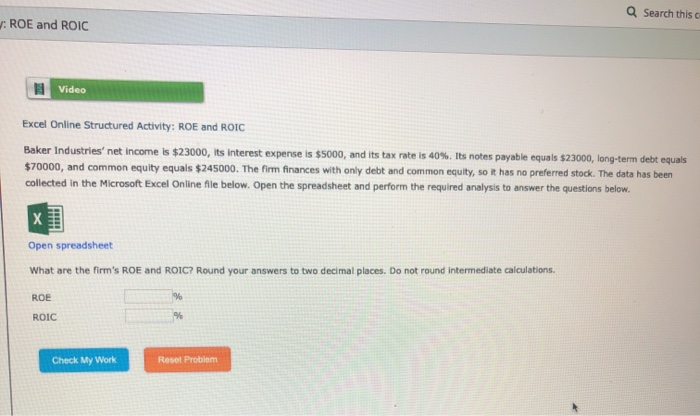  a Search this CROE and ROIC Video Excel Online Structured Activity: