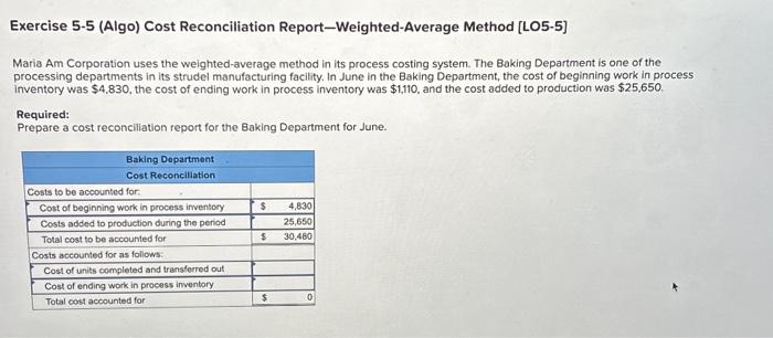  Exercise 5-5 (Algo) Cost Reconciliation Report-Weighted-Average Method [LO5-5] Maria Am Corporation