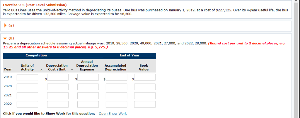 Exercise 9-5 (Part Level Submission) Yello Bus Lines uses the units-of-activity