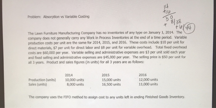  Please show all work Problem: Absorption vs Variable Costing 0 38