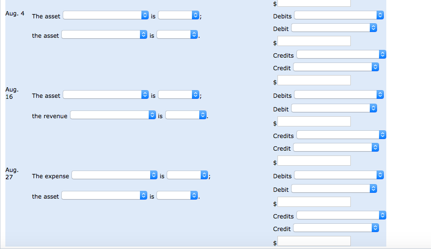 has the following transactions d uring August of the current year. Aug.