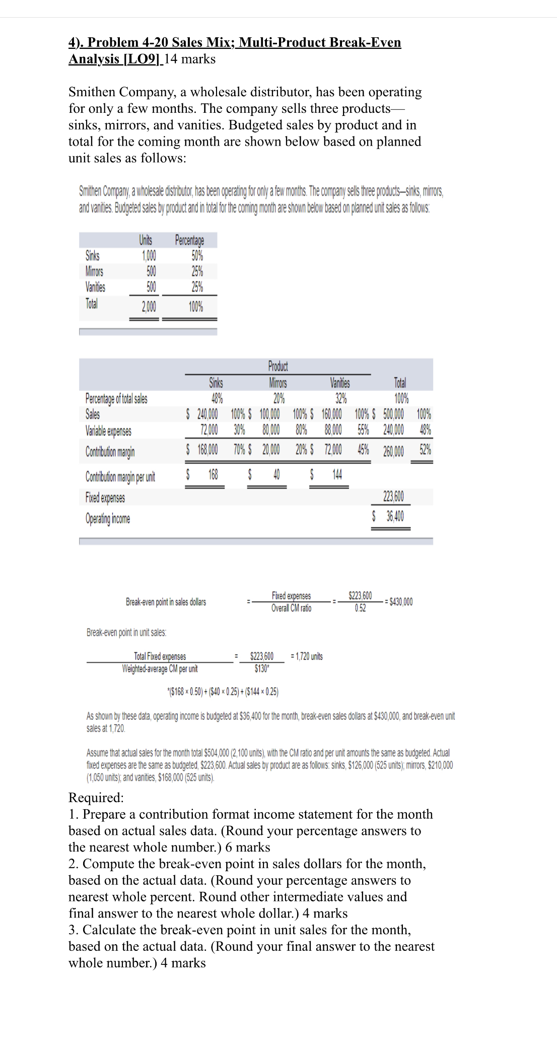  . Problem 4-20 Sales Mix; Multi-Product Break-Even Analysis [LO9]_14 marks Smithen