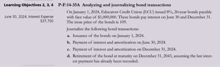  Learning Objectives 2, 3, 4 P-F:14-35A Analyzing and journalizing bond transactions
